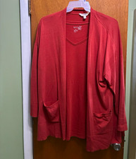 Terra & Sky Women's Plus 2x red Solid V-Neck 3/4 Sleeve Cardigan w/ Pocket picture