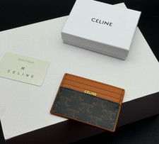 Celine Triomphe Card Holder Brown Canvas Leather Gold Real Photos picture