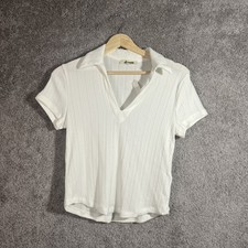 Madewell Women’s Small White Ribbed V-Neck Collared Polo Top Short Sleeve Casual picture