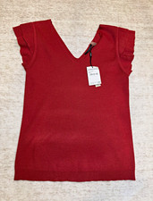 T Tahari Women's L Red Ribbed Knit V-Neck Ruffle Cap Sleeve Top picture