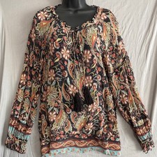 Sundance 100% Silk Paisley Floral Tassel Peasant Blouse Black XL picture