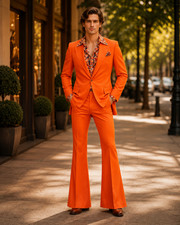 Men Orange 70s Disco Flared 2 Piece Suit Blazer Bell Bottom Pants Prom picture