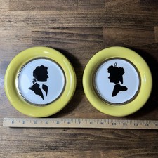 Vtg Mid Century Ceramic Silhouette Couple Hanging Plaques Yellow Gold Set 2 picture