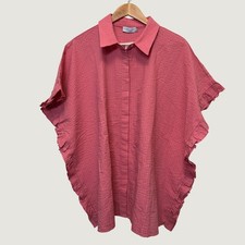 Harshman Womens Darcy Shirt 1X Rose Pink Seersucker Ruffle Dolman Coastal Chic picture