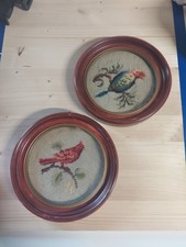VTG MCM Pair Bird Needlepoint Wall Art Framed Floral Wool Embroidery  picture