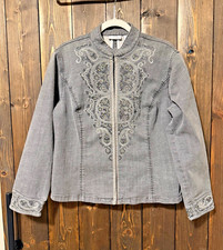 Chico's Platinum Women's Gray Embroidered Beaded Denim Jacket Size 2 Large picture