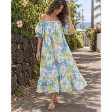 Vintage 1980s Malihini Hawaii Hibiscus Cotton Off Shoulder Midi Dress Muumuu picture