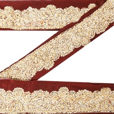 Sanskriti Vintage Saree Border Hand Beaded Craft 1Yd Trims Lace 2W Brown picture
