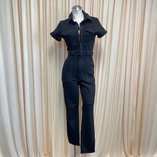 NWT GOOD AMERICAN Women's Black Denim Utility Military Jumpsuit Sz XS picture