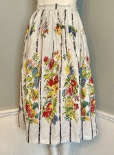 Vintage 1950s Handmade Cotton Linen Floral Garden Print Midi Tea Skirt Size M/L picture