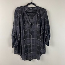 Torrid Harper Georgette Popover Blouse Size 2X Gray Black Plaid Roll Tab Sleeve picture
