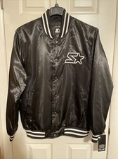 Starter Mens Large Locker Room Full-Snap Black Heavyweight Satin Varsity Jacket picture