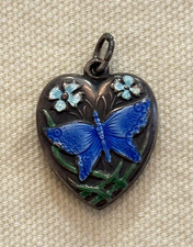 Antique, Sterling Silver, Large, Enamel, Blue Butterfly and Floral Heart Charm picture