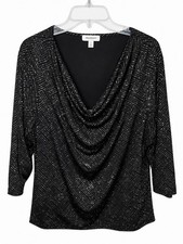 Dressbarn Woman 3X Black Silver Sparkle Cowl Neck Top Geometric 3/4 Sleeve picture