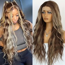 Glueless Long Curly Wave Lace Front Wigs Brown Hair Blonde Highlights Ombre Wig picture