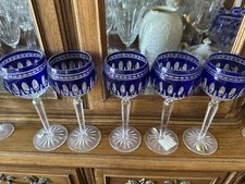 Waterford Clarendon Cobalt Hock Wine Glasses Set of 5 Signed Crystal Hungary picture