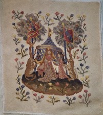 Vintage Medieval Lady with Griffons Needlepoint Petitpoint Tapestry 16x13