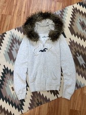 Hollister Y2K Vintage Grey Full Zip Hoodie Faux Fur Hood Size S picture