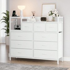 9 Drawer Dresser TV Stand Charging Station Storage Cabinet White Wood Steel picture