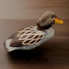 Vintage Hand Painted Wooden Duck 5.5” X 2.5” Brown  Glass Eyes  picture