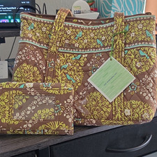 Vera Bradley Quilted Floral Bird Print Zip Top Tote w/ Coin Purse Pockets picture