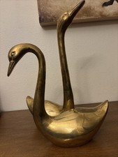 Vintage Large Brass Swan Mated Pair Sculptures MCM -  16” & 12” Cottagecore picture