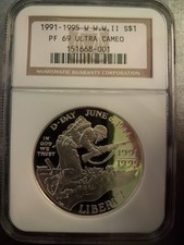 1991-1995 W World War II 50th Anniversary Silver Dollar PF69 picture