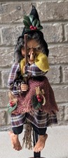 VTG Kitchen Witch Doll Flying Broom 11.5” Plaid Good Luck Folklore picture