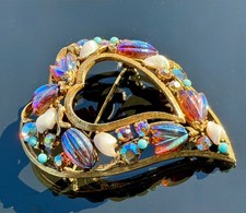 Vintage Signed Florenza Heart Brooch and Clip On Earrings Set Demi Parure, Auror picture
