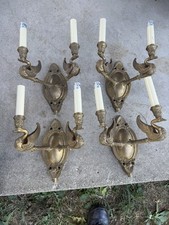 Set of 4 Vintage Style Brass Tone Swan Double Arm Wall Sconces Candle Lights picture