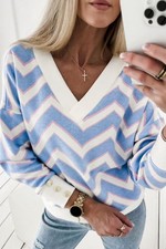 Sky Blue Zigzag Striped Print V Neck Oversized Top picture