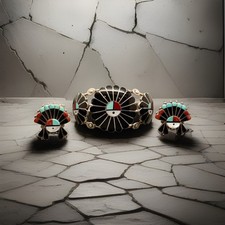 L/L DICKINSON LARRY SUN FACE  NATIVE/ZUNI STERLING  925 CUFF BRACELET & EARRINGS picture