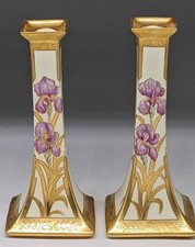 Antique Limoges Bernardaud B&Co Art Nouveaux Candlesticks Irises and raised Gold picture