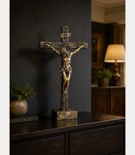 Antique Bronze Tabletop Crucifix Jesus Cross Catholic Religious Decor 10.43in picture