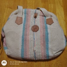 Vintage Cotton Loom Woven Shoulder Bag Pastel Stripe Pink Blue Leather Accents picture