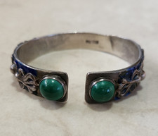 Antique Chinese Export Silver Enamel Filigree Cuff Bracelet 52g Malachite 1930s picture