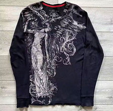 Affliction Men's Black Cotton Angel Gothic Graphic V-Neck Long Sleeve Tee L/XL picture