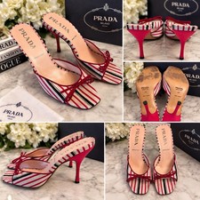 VINTAGE Prada Striped Silk Kitten Heel Mules EU 38 picture