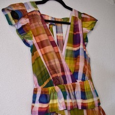 Marie Oliver Plaid Tiered Maxi Dress Multi Color Flutter Sleeve Size 2 picture