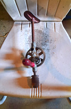 Vintage Original Hand Brace Drill w/ Gear Wheel Mechanism & Red Wooden Handle picture