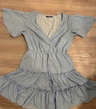 SHEIN Blue Ditsy Floral Flutter Sleeve Surplice Ruffle Hem Mini Dress Size M picture