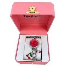 Juicy Couture Charm Bracelet Watch Silver Pink Cherry Y2K Retro Glam Crystal NEW picture