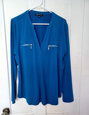 INC International Concepts Blue V-Neck Long Sleeve Zip Pocket Blouse XL picture