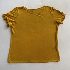 LOFT Women’s 100% Linen Ruffle Sleeve Top Size L Mustard Yellow Scoop Neck picture