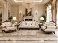 LUXURY 3PC Sofa Loveseat Chair Cherry Wood Cream Fabric European Living Room Set picture