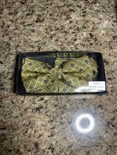 Vintage Saks Fifth Avenue Silk Bow Tie & Pocket Square Set Gold Blue Geometric picture
