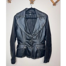 Vintage Metrostyle Womens 6 Black Leather Blazer Jacket Wide Lapel Button up Y2K picture