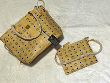 MCM Beige Monogram Visetos Satchel Top Handle Zip Bag w/ Strap & Coin Purse picture