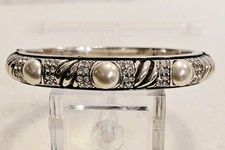 Vintage Brighton Hinged Bangle Silverton Faux Pearls W/Clear Rhinestones Signed picture