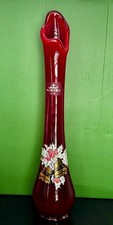 Vintage Viking Glass Ruby Red Swung Vase Hand Painted w/Original Viking Label picture